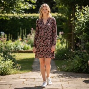 Xhilaration Floral Boho Tunic Dress Black Pink Paisley Long Sleeve V-Neck WMS XL